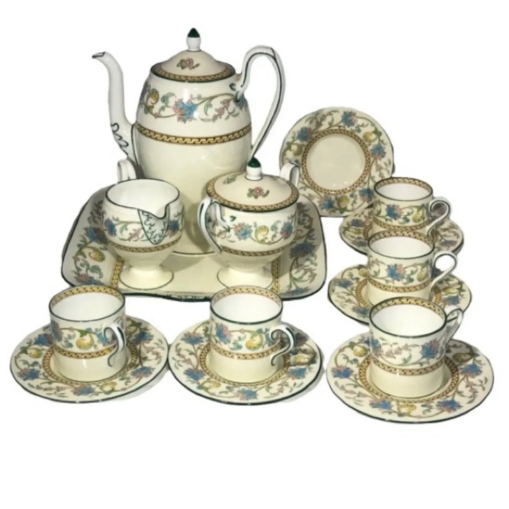 WEDGWOOD SHAH BONE CHINA: CUPS & SAUCERS, TRAY, COFFEE POT, SUGAR BOWL & CREAMER